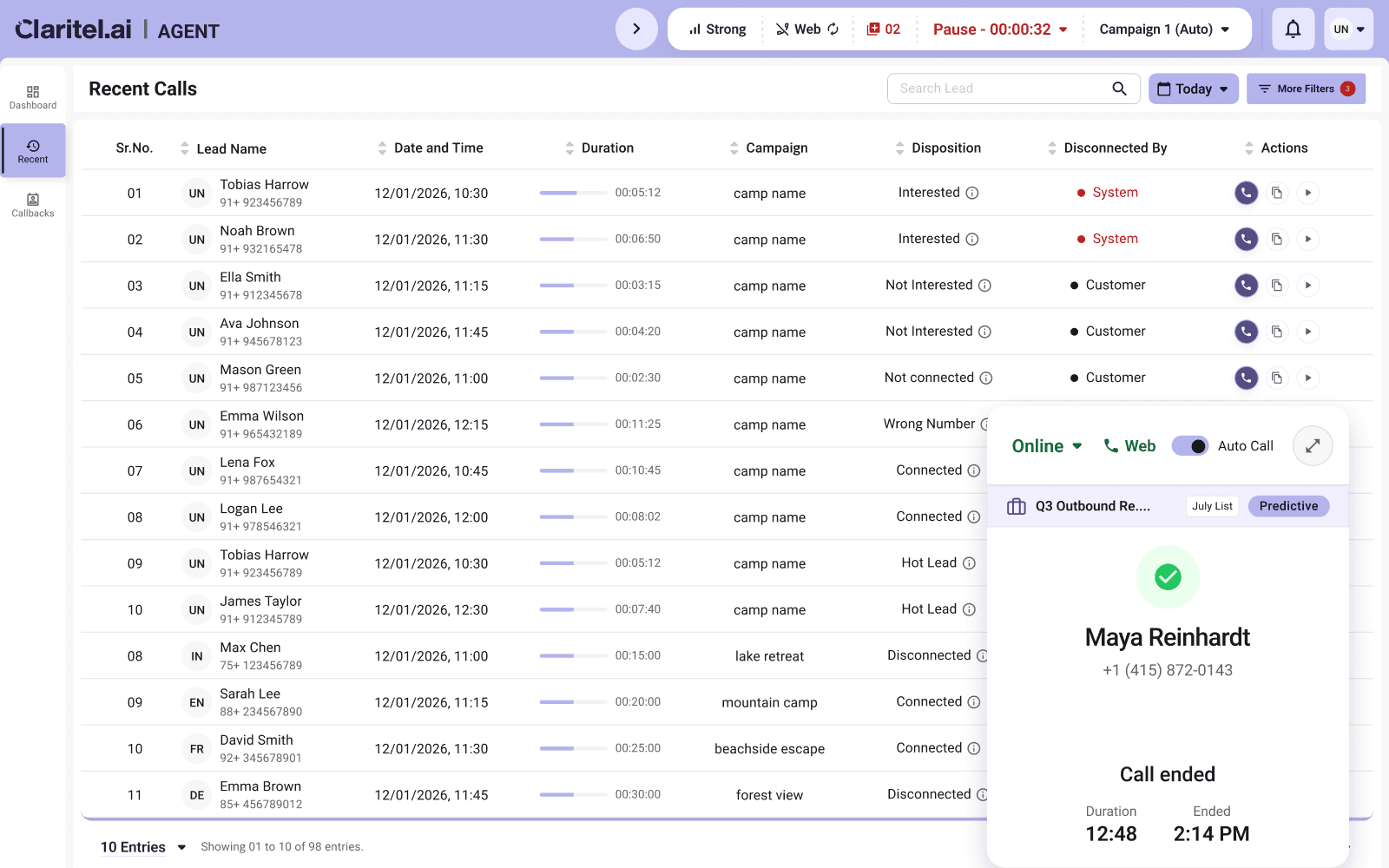 Claritel contact center dialer showing an agent's recent calls